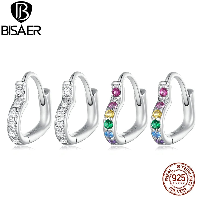 BISAER 100% 925 Sterling Silver Heart Hoop Earrings Pavé Setting Zircon Ear Clip Plated Platinum For OL Women Party Fine Jewelry