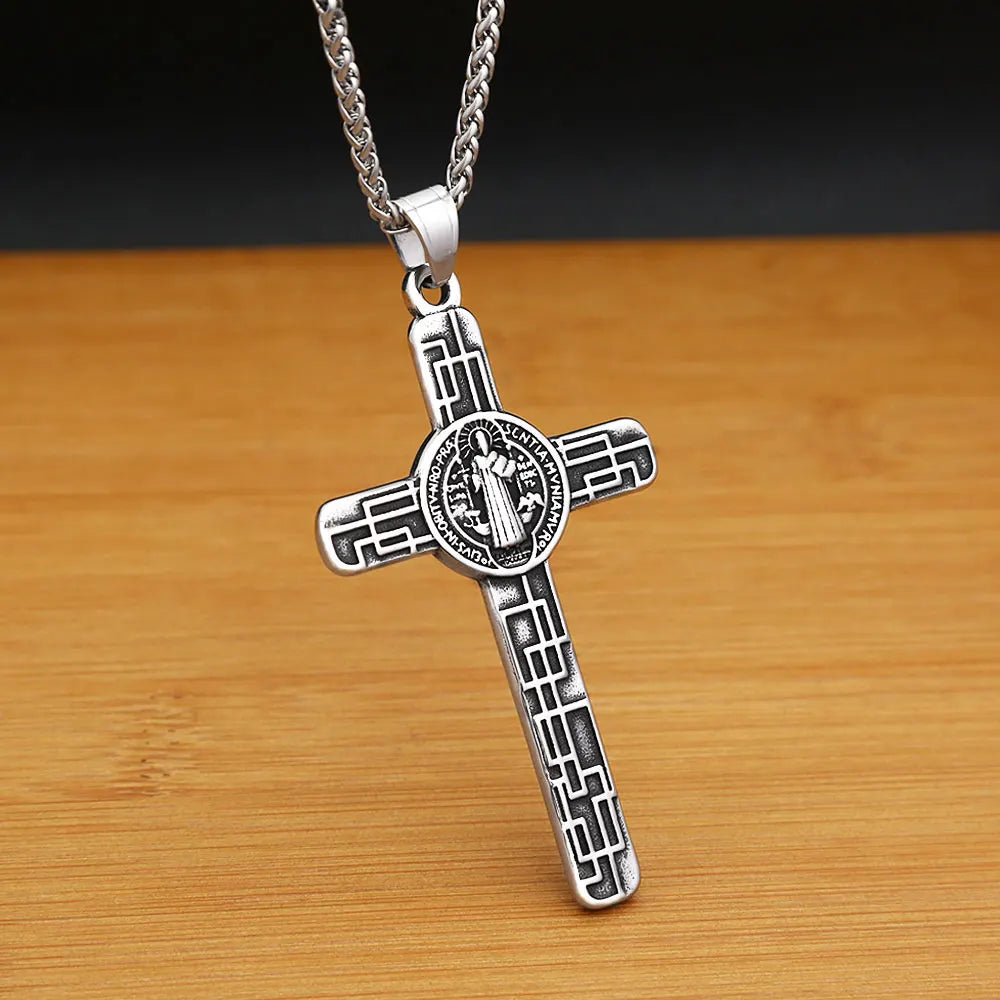 Vintage Catholic Jesus Cross Pendant Necklace Stainless Steel Fashion Saint Benedict Cross Necklace For Men Women Amulet Jewelry