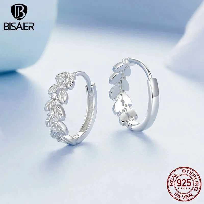 BISAER 925 Sterling Silver Leaves Open Ring Simple Leaves Hoop Earrings Plated White Gold for Women Party Fine Jewelry Set Gift