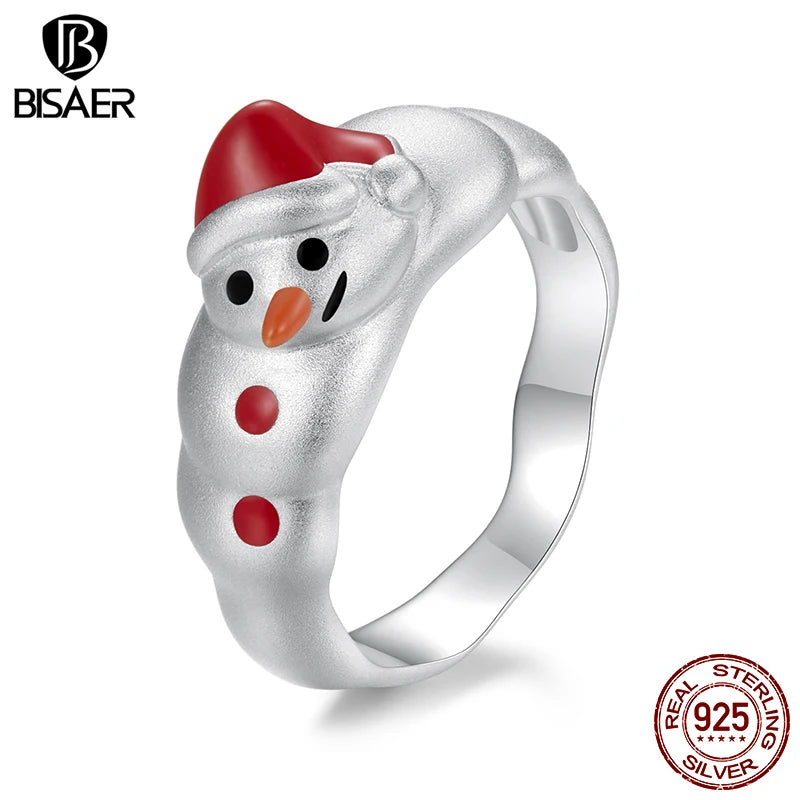 BISAER 925 Sterling Silver Christmas Snowma Ring Enamel Process Band Plated White Gold for Women Party Fine Jewelry Holiday Gift