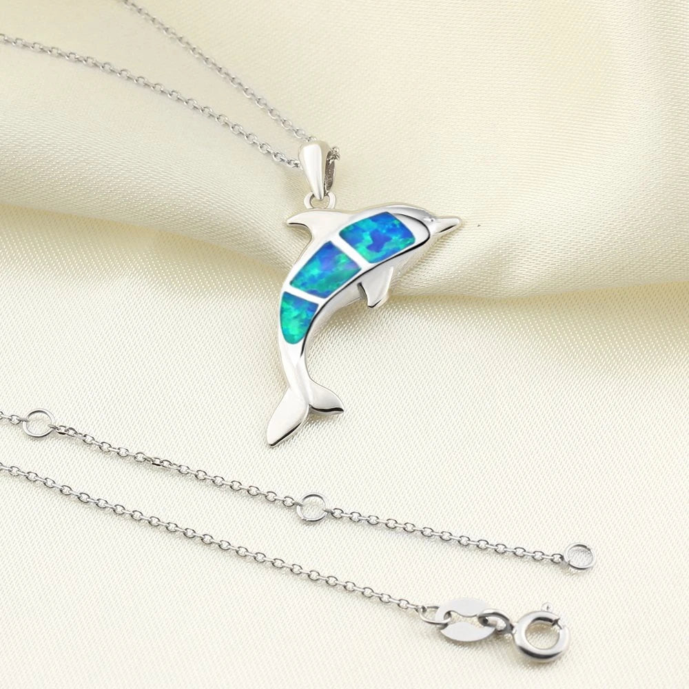 Boho Fashion Sea Animal Dolphin Pendant Necklace for Women Girl Inlay Imitation Blue Opal Necklace Wedding Party Jewelry