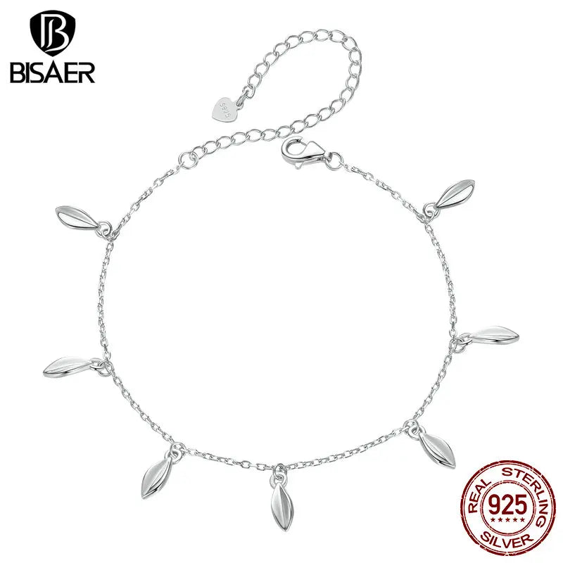 BISAER 925 Sterling Silver Fallen Leaf Bracelet Adjustable Chain Plated White Gold for Women Party Fine Jewelry Holiday Gift