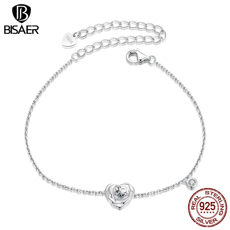 BISAER 925 Sterling Silver Heart Rose Bracelet Adjustable Charm Chain Plated White Gold for Women Party Fine Jewelry EFB200