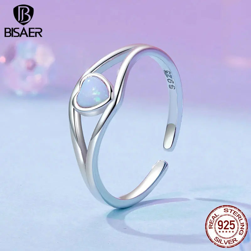 BISAER 925 Sterling Silver Opal Heart Open Ring Eternity Band Adjustable Size 5-9 Plated White Gold for Women Party Fine Jewelry