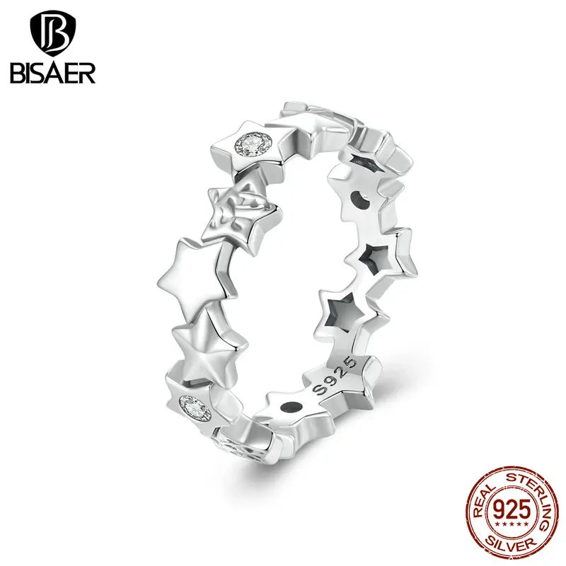 BISAER 925 Sterling Silver Dazzling Stars Ring Statement Sparkly Zircon Band for Woman Party Original Fine Jewelry Gift EFR585