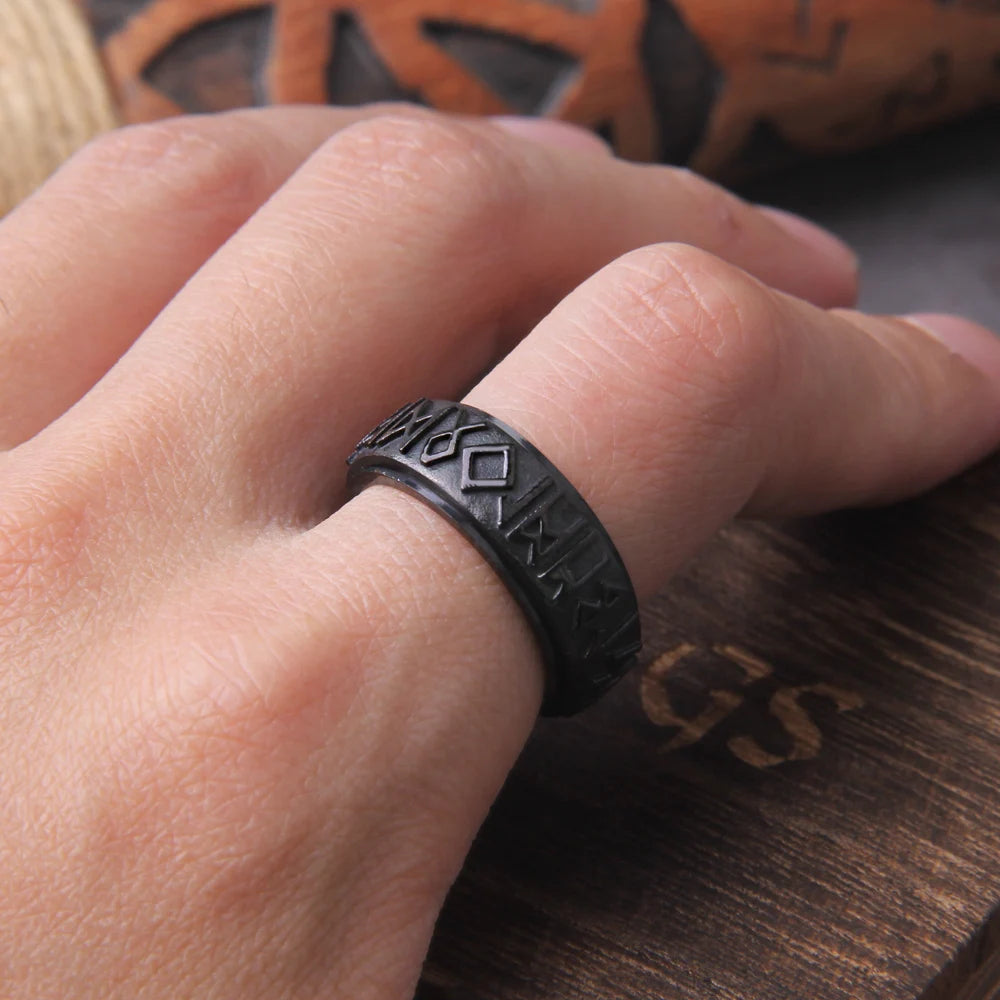 Rotating viking rune ring made of stainless steel with wooden box
