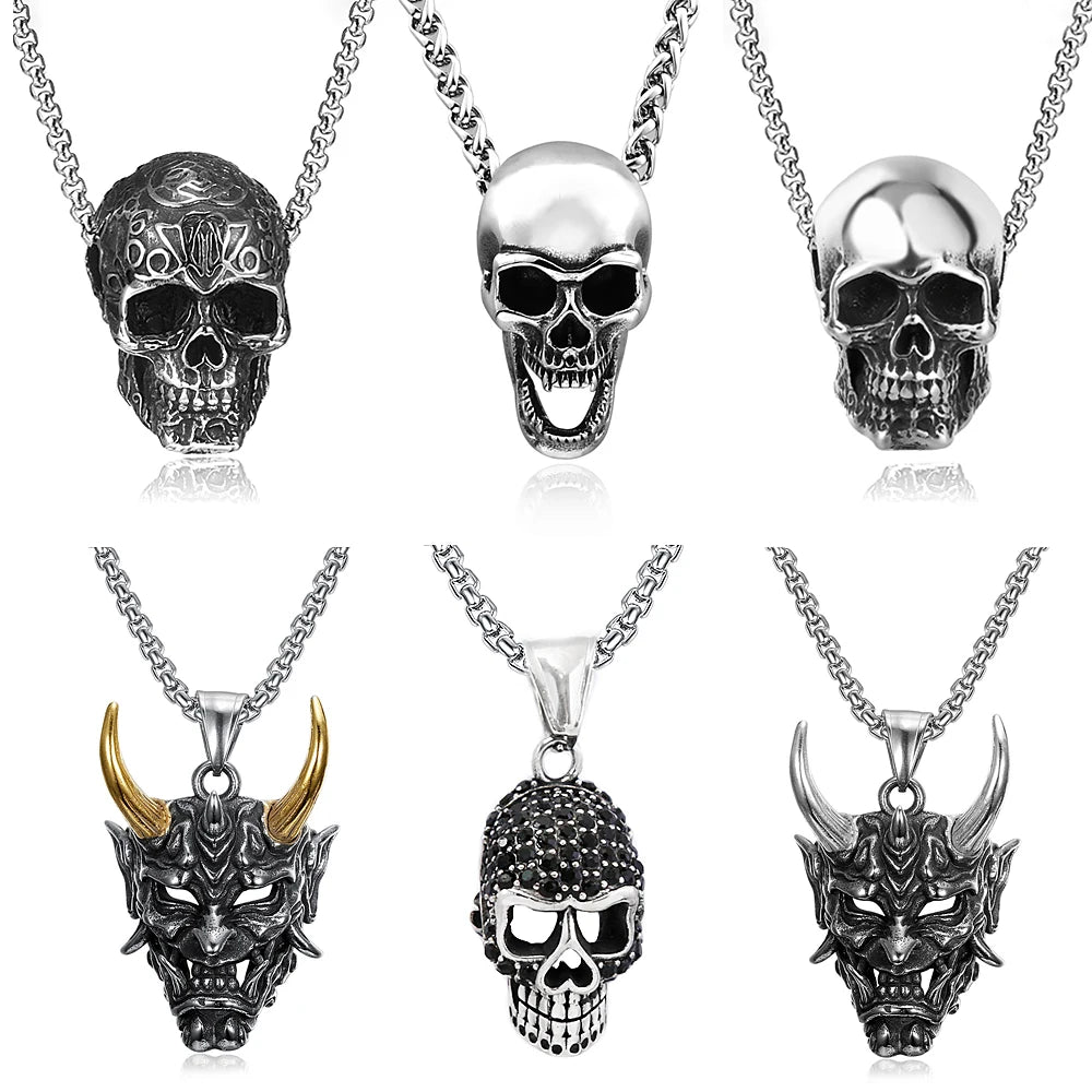 Vintage Gothic 316L Stainless Steel Skull Pendant Necklace For Men Boys Fashion Punk Personality Hip Hop Jewelry Halloween Gifts