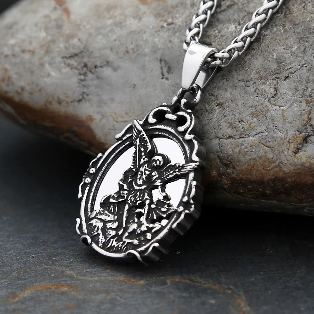 Gothic Vintage Stainless Steel Patron Mirror With Saint Michael Pendant Necklace For Men Women Fashion Cool Jewelry Dropshipping