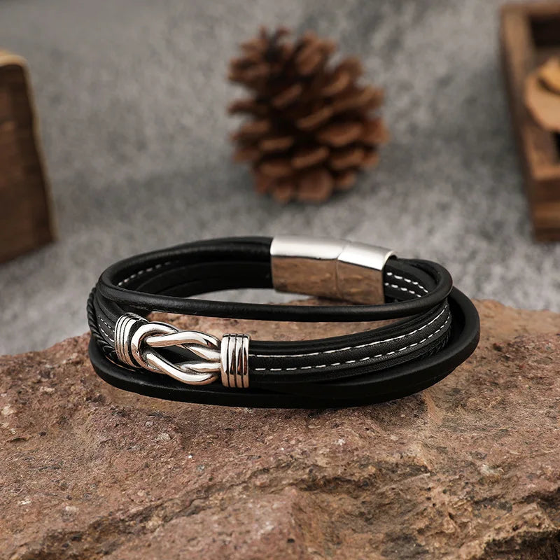 MKENDN Luxury Fashion Hand-Woven Leather Bracelet Multilayer Men's Bangles Stainless Steel Magnetic Buckle Party Jewelry Gift