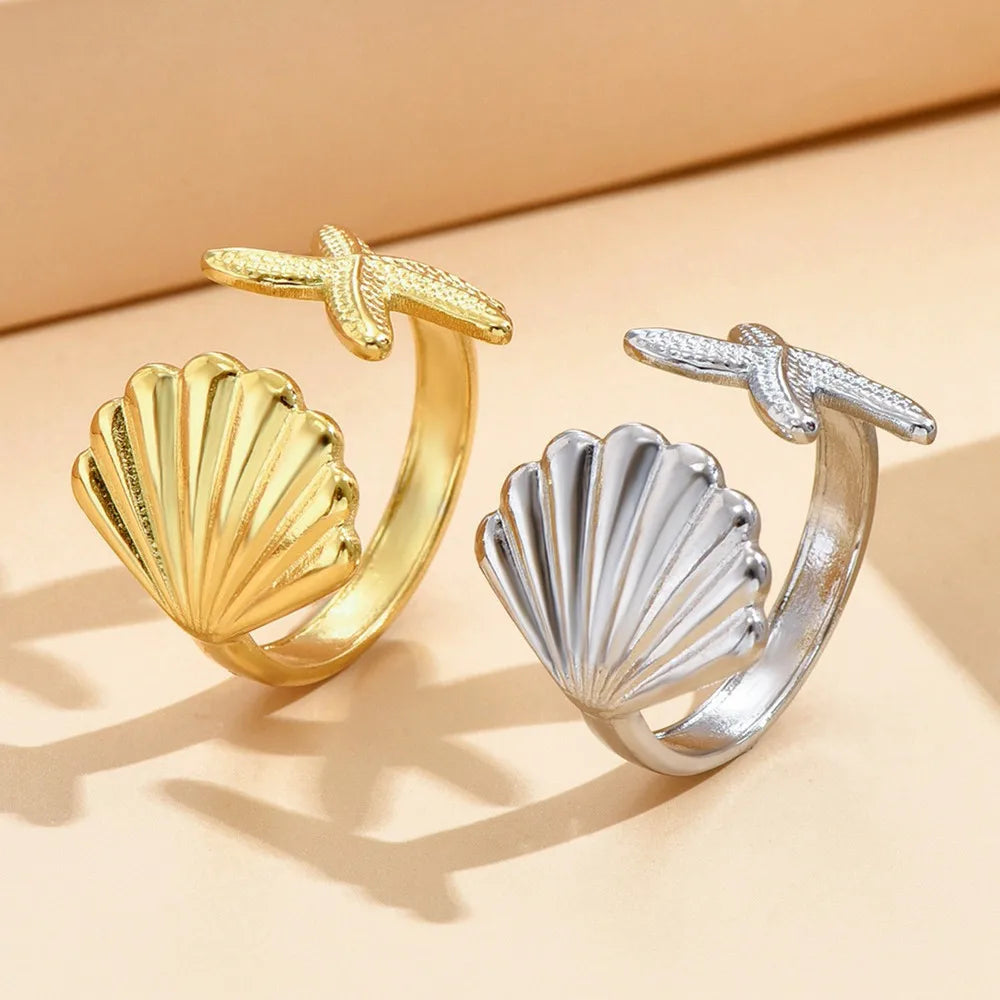 Fashion Starfish Shell Rings For Women Beach Jewelry Stainless Steel Adjustable Ring Souvenir Gift