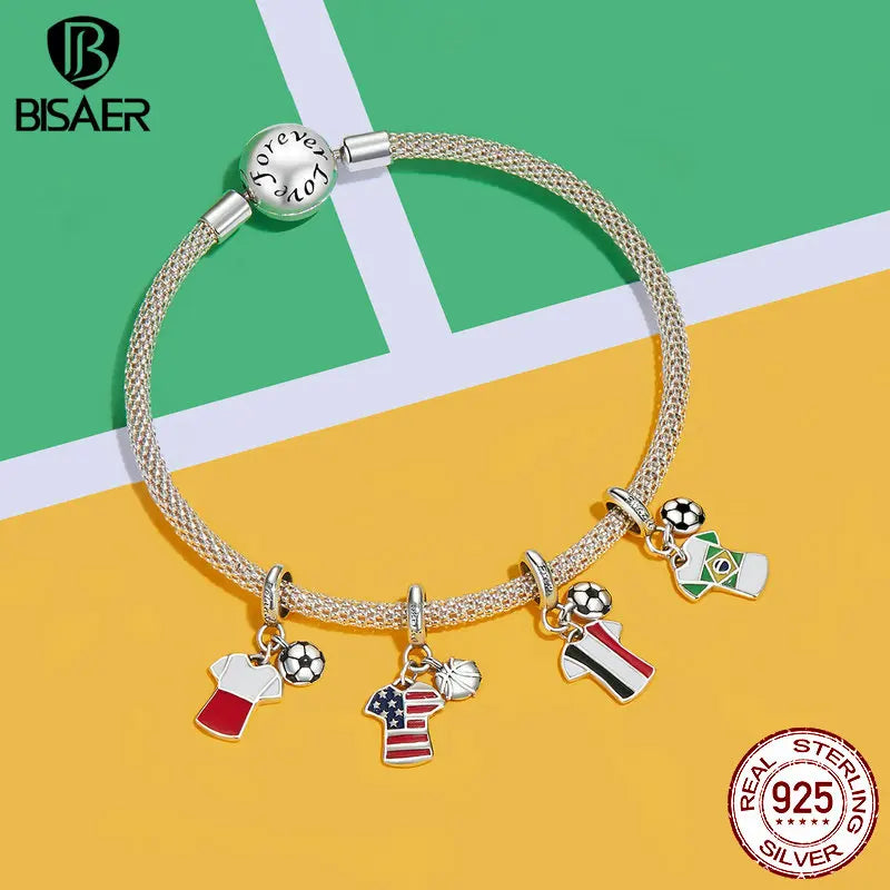 BISAER 925 Sterling Silver Football Jersey Pendant Enamel Process Ball Charm Bead Fit Woman DIY Bracelet & Necklace Fine Jewelry