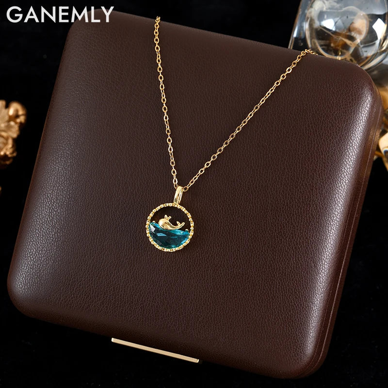 GANEMLY 316L Stainless Steel Ocean Whale Crystal Pendant Necklace For Women New Trendy Neck Chain Waterproof Jewelry Gift Collar