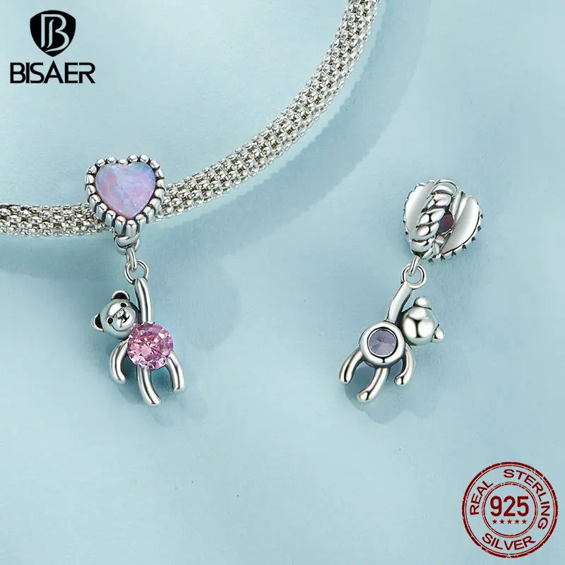 BISAER 100% 925 Sterling Cute Pink Bear Charm Bead Heart-Shaped Butterfly CZ Pendant Fit Women DIY Bracelet Fine Jewelry