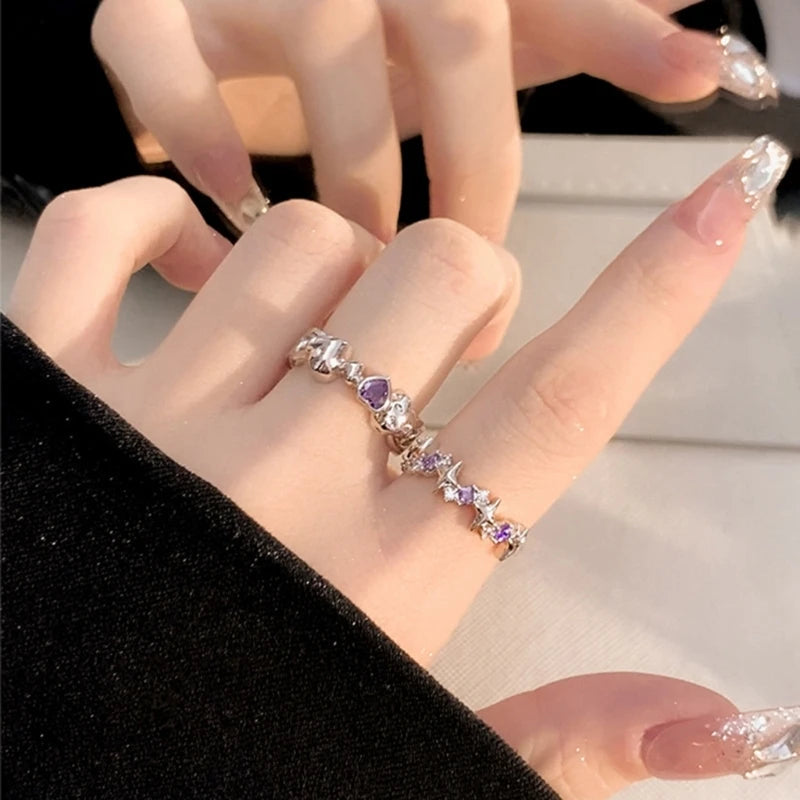 Fashion Shiny Purple Rhinestone Opening Couple Rings for Women Men Vintage Crystal Star Adjustable Ring Lover Y2K Jewelry