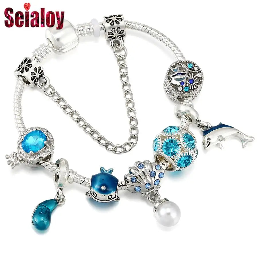 Seialoy Cyan Crystal Crown Pearl Shell Charm Bracelets For Women Man DIY Sea World Narwhal Beads Dolphin Pendant Bangle Jewelry