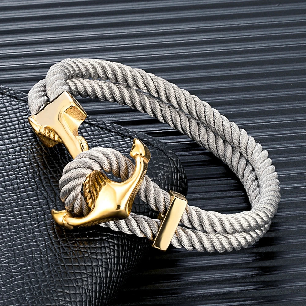 Charm Men Gold Plated Anchor Bracelets Double Strand Nautical Rope Bracelet For Women Stainless Steel Surfer Sport Accessories