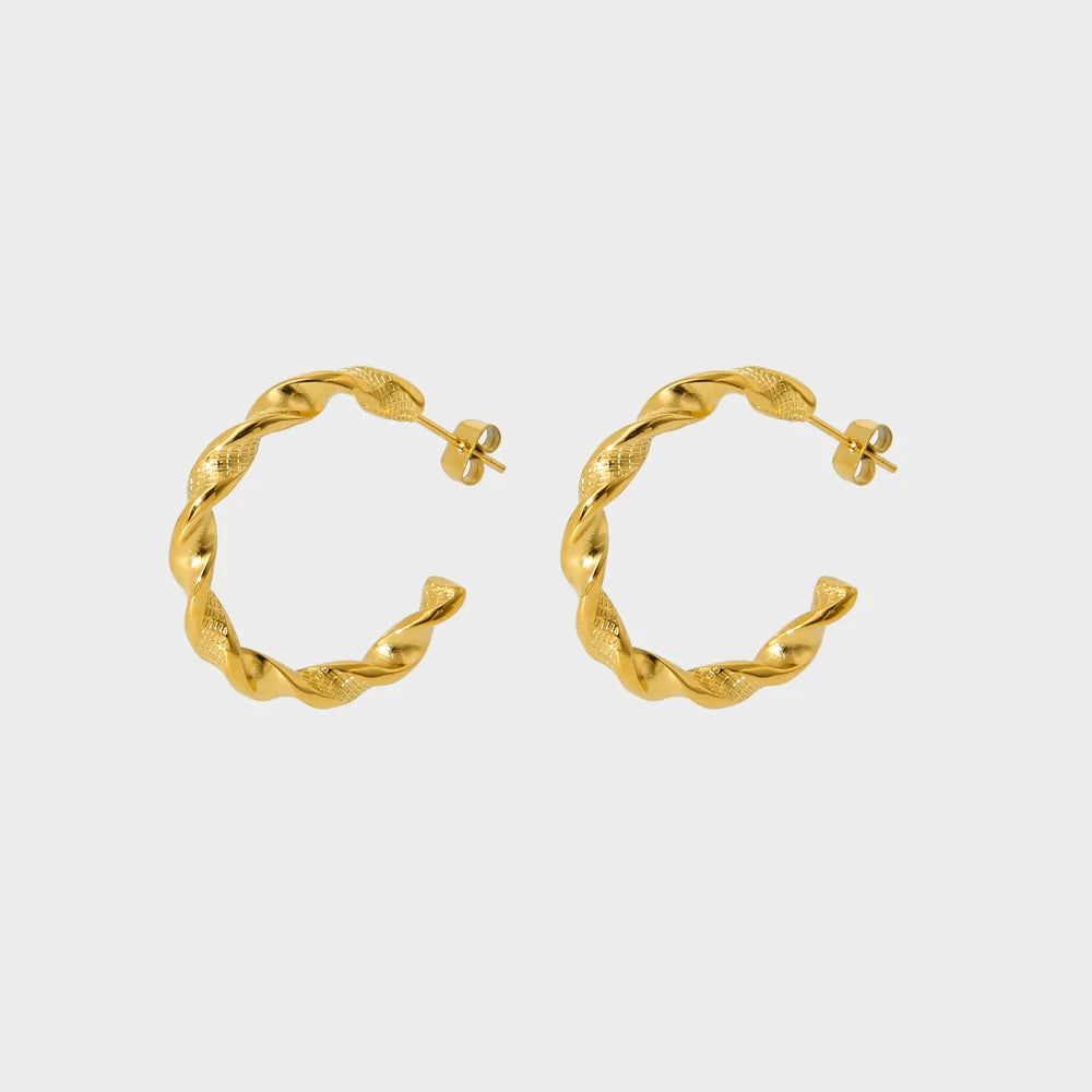 New 16K Gold Plated Stainless Steel Post Texture Twisted Hoop Earrings for Women Delicate C Shaped Studs Jewelry Gift