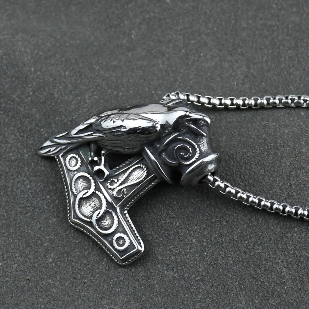 Vintage Odin's Symbols Raven Necklaces Men Punk Stainless Steel Thor's Hammer Mjolnir Pendant Norse Runes Vikings Jewelry