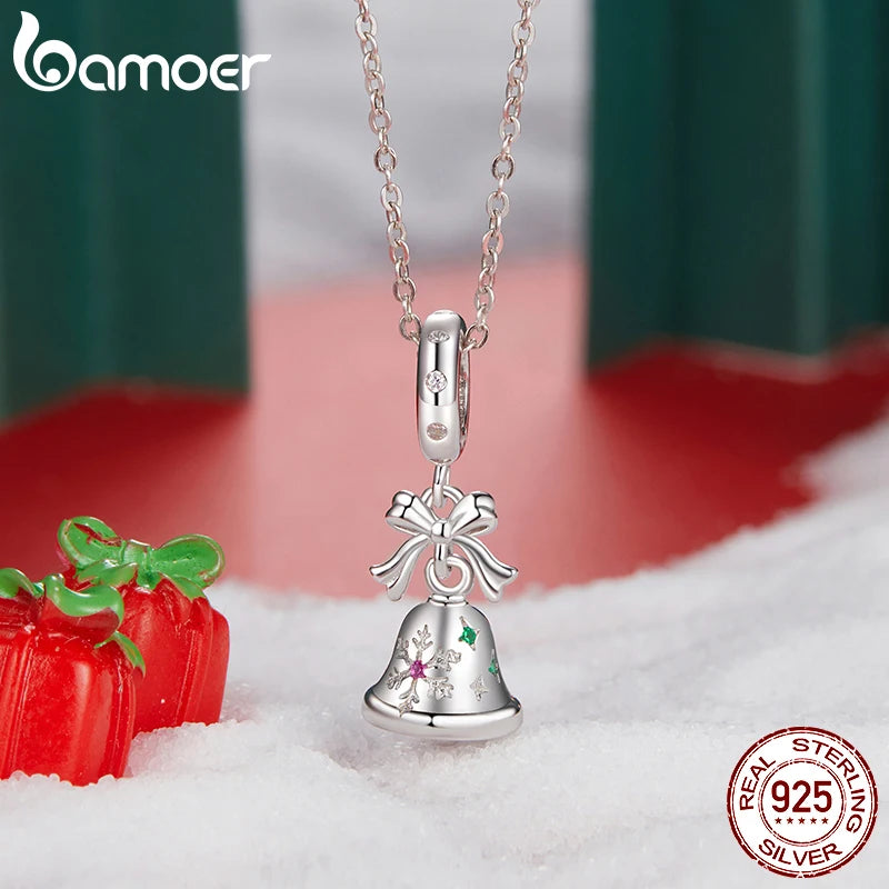 BAMOER Charm en argent sterling 925 massif en forme de cloche de Noël pour bracelet original, breloque Bamoer pour la fabrication de bijoux, cadeau de Noël