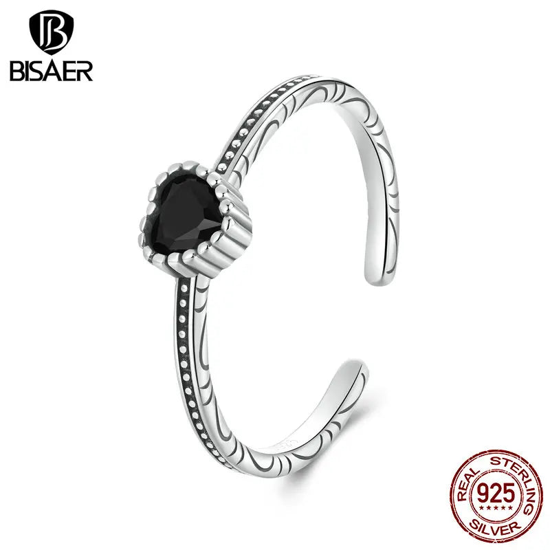 BISAER Bague ouverte en argent sterling 925 avec motif de cœur vintage Nightfall - Taille réglable 5-9 - Pour femme - Bijoux fins de fête