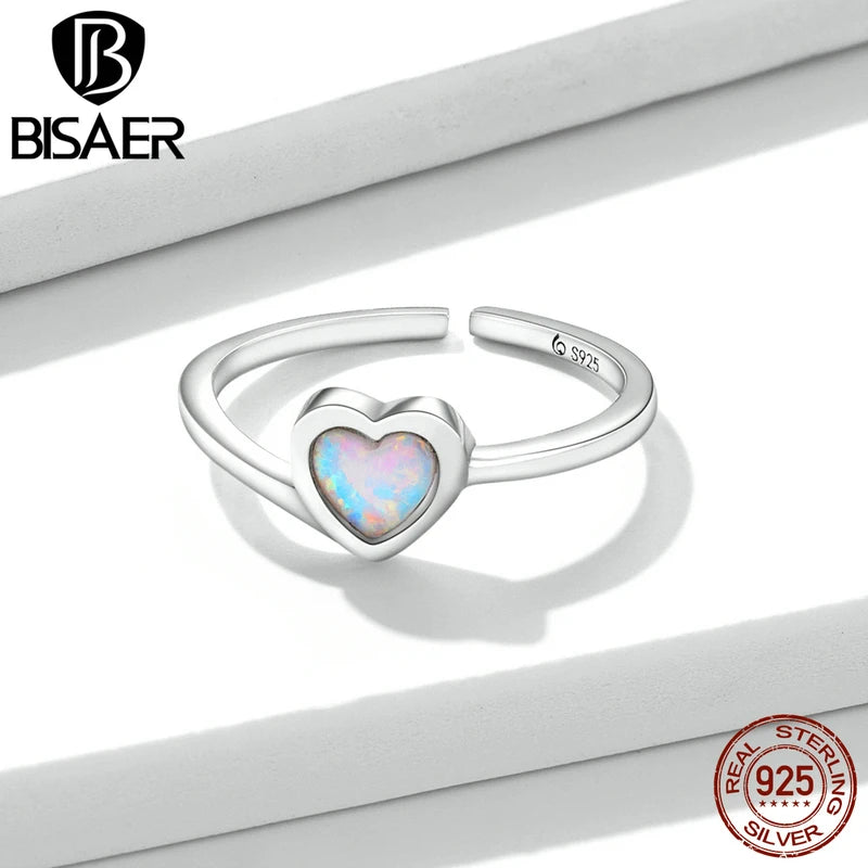 BISAER 925 Sterling Silver Opal Heart Open Ring Eternity Band Adjustable Size 5-9 Plated White Gold for Women Party Fine Jewelry