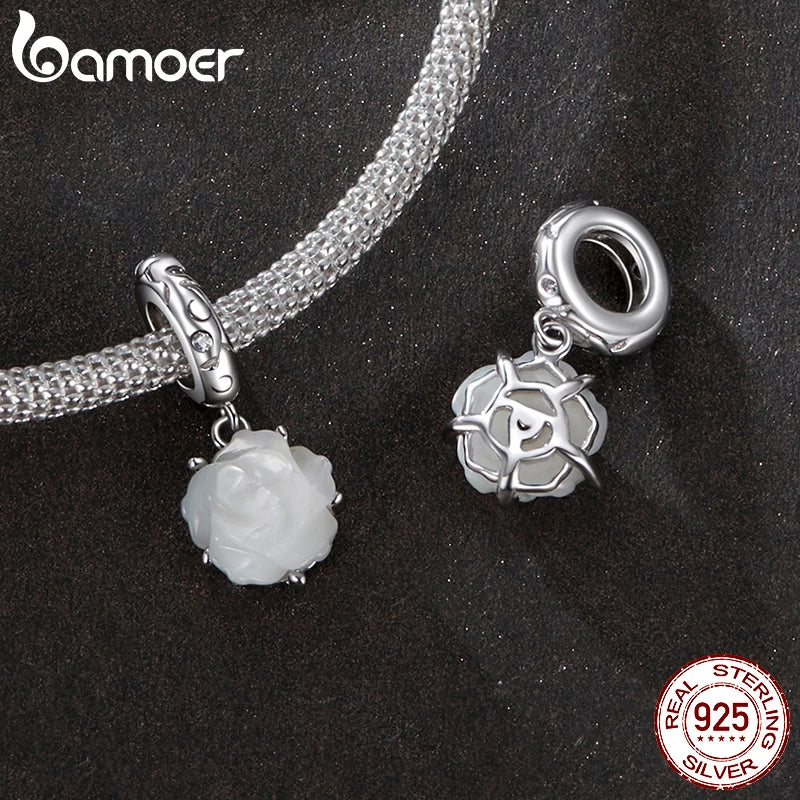 Pendentif en argent sterling 925 BAMOER en forme de rose blanche pour bracelet original, breloque en forme de fleur Bamoer pour la fabrication de bijoux, cadeau de Noël