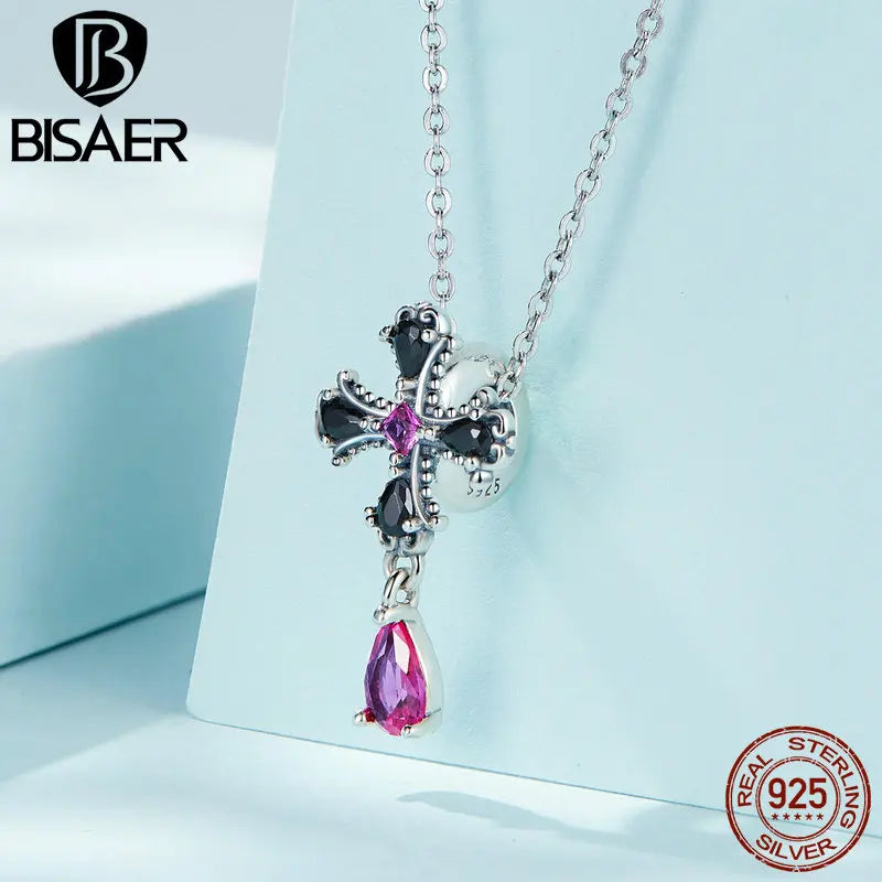 BISAER 925 Argent Sterling Vintage Noir Rose Charm Chauve-Souris Pendentifs Croix Gothique Perle Fit Halloween Fête DIY Bracelet Bijoux Fins