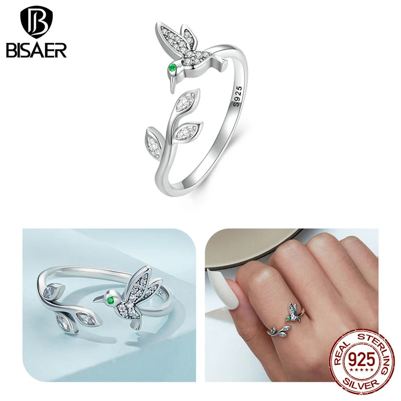 BISAER 925 Sterling Silver Hummingbird Open Ring Size 5-9 Mint Green CZ Cute Bird Band Plated Platinum for Women Fine Jewelry