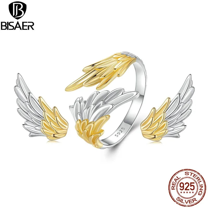 Bague à ailes bicolores en argent sterling 925 BISAER Boucles d'oreilles à tige en forme d'ailes d'ange plaquées or 14 carats pour femmes élégantes Bijoux fins de fête