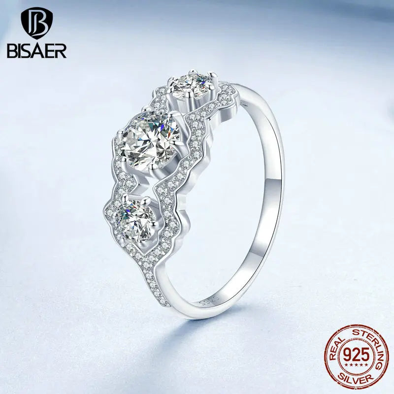 BISAER 925 Sterling Silver Sparkling Star Ring Statement Dazzle Zircon Band Plated White Gold for Woman Wedding Fine Jewelry