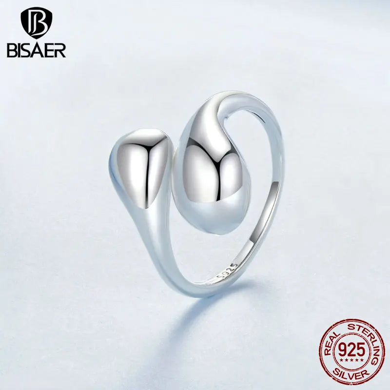 BISAER 925 Sterling Silver Water Droplet Open Ring Simple Water Drop Hoop Earrings for Elegant Women Party Fine Jewelry Set Gift