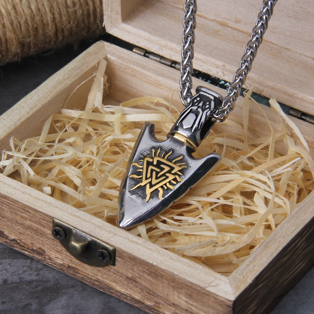 Norse Runes Odin's Spear Gungnir Necklace Men Gold Color Stainless Steel Arrowhead Pendant Valknut Talisman Male Vikings Jewelry