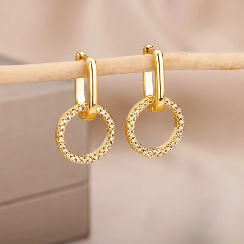 Pendiente de gota de círculo de circón de moda para mujer, pendiente colgante redondo de acero inoxidable de color dorado, joyería de regalo, Brincos Bijoux