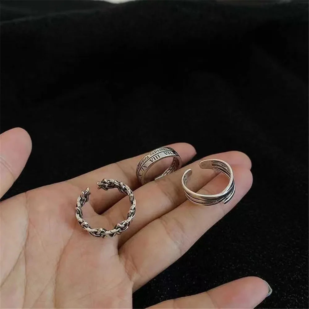 LATS Vintage Pink Roman Numerals Cool Rings Set for Women Rock Hip Hop Twist Geometry Open Ring Fashion Ins Jewelry Gifts