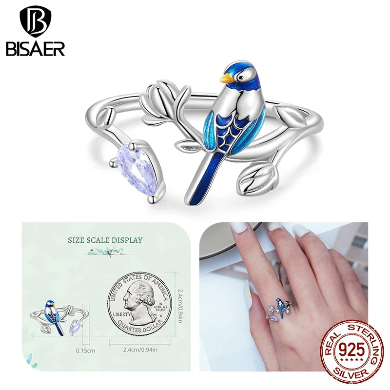 BISAER Anillo abierto con diseño de pájaro y flores en plata de ley 925, ajustable, tamaño 5-9, chapado en oro blanco para mujer, joyería fina para fiestas