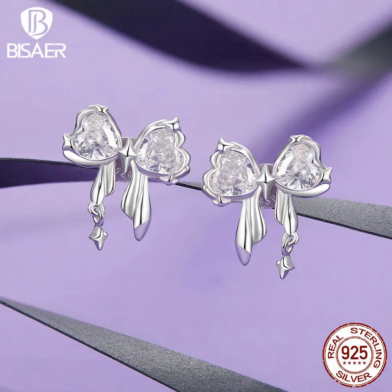 BISAER Real 925 Sterling Silver Twisted Bowknot Open Ring Stud Earrings Plated White Gold for Women Party Original Fine Jewelry