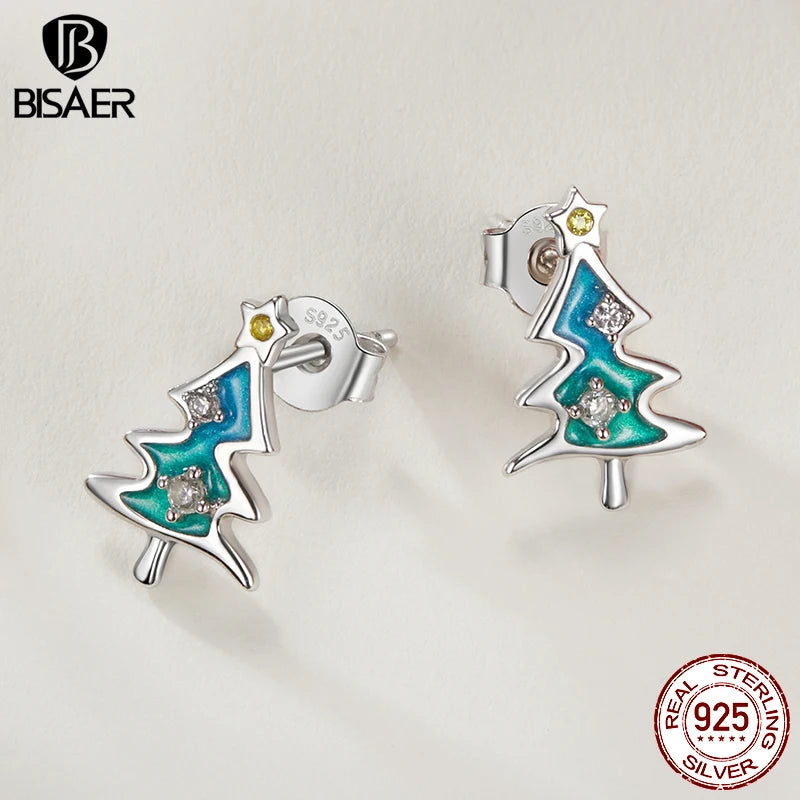 Boucles d'oreilles à tige en argent sterling 925 BISAER pour sapin de Noël, processus d'émail, hypoallergéniques, pour femmes, bijoux fins, cadeau de fête