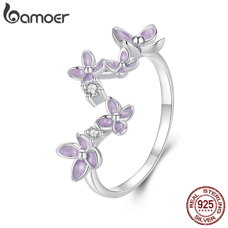 Bague ajustable en argent sterling 925 BAMOER avec fleur lilas, plaquée or blanc, bague de promesse de Noël avec fleur, bijoux délicats et élégants