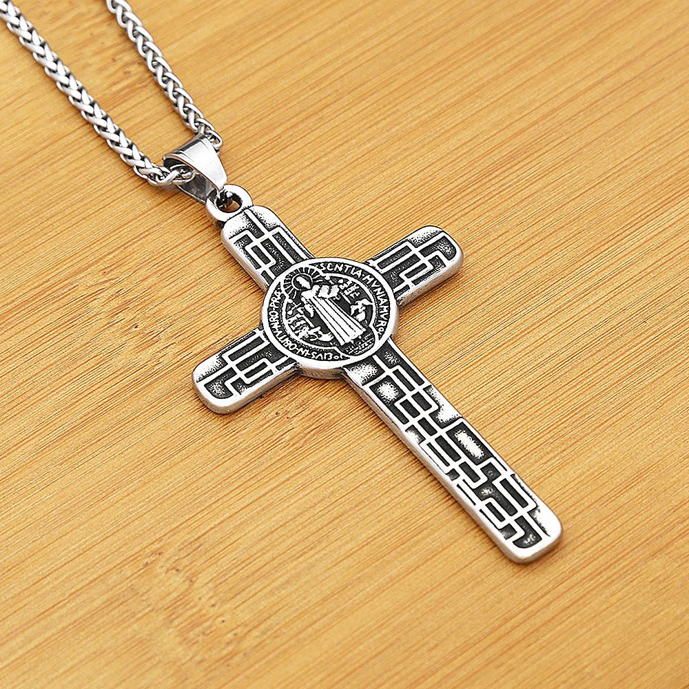 Vintage Catholic Jesus Cross Pendant Necklace Stainless Steel Fashion Saint Benedict Cross Necklace For Men Women Amulet Jewelry