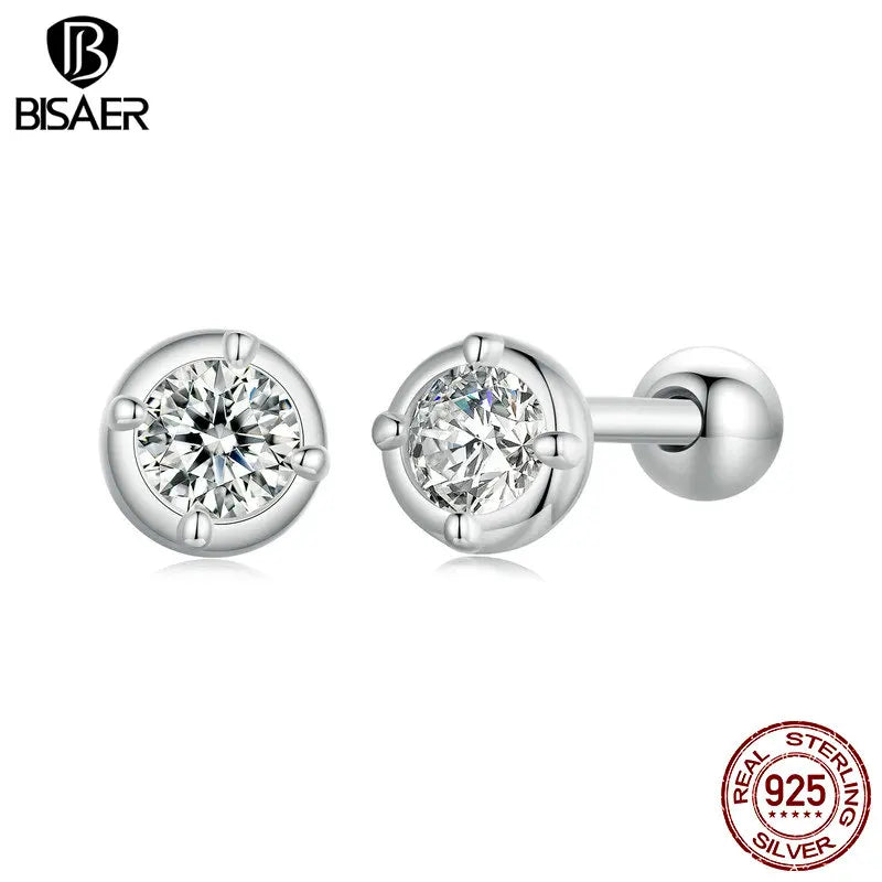 BISAER Exquisite Moissanite Ear Earrings 925 Sterling Silver Mini Round Hypoallergenic Classic Stud Ear Engagement Jewelry Gift