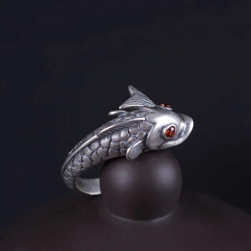 MKENDN Vintage Red Eyes 925 Sterling Silver Koi Adjustable Ring For Men Women Gothic Trendy Street Hip Hop Dark Jewelry