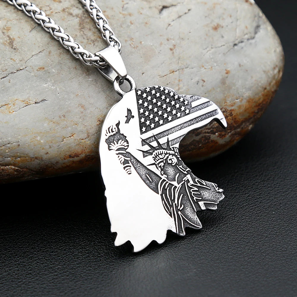 Gothic Vintage Eagle Head Pendant Necklaces For Men Women 316L Stainless Steel Fashion Punk Flag Statue of Liberty Jewelry Gifts