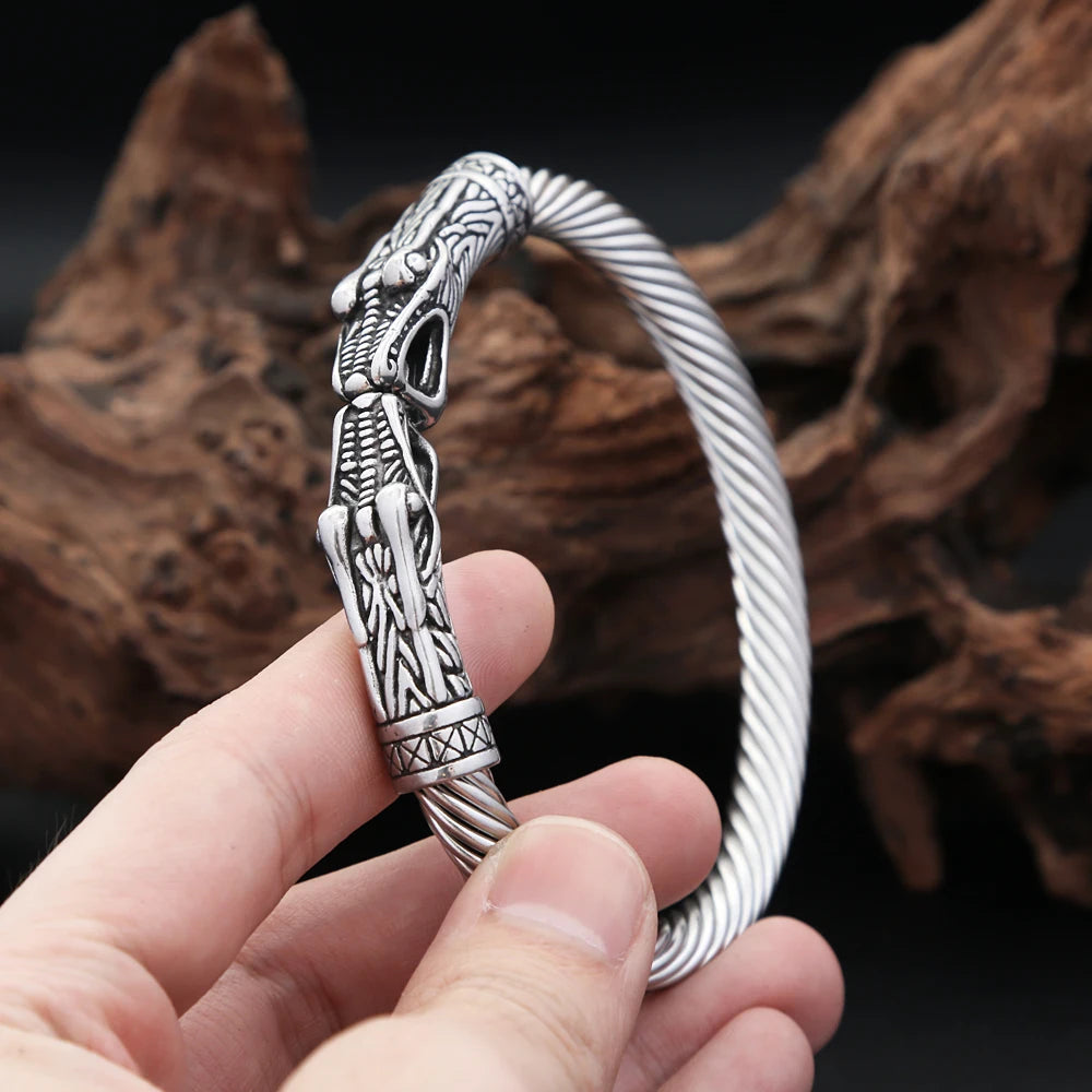 Vintage Nordic Vikings Dragon Bracelets For Men 316L Stainless Steel Open Animal Cuff Bangles Fashion Charm Scandinavian Jewelry