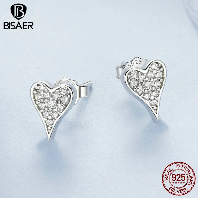 BISAER 925 Sterling Silver Shining Heart Stud Earrings Pavé Setting Zircon Plated White Gold Fine Jewelry For Woman Party Gift