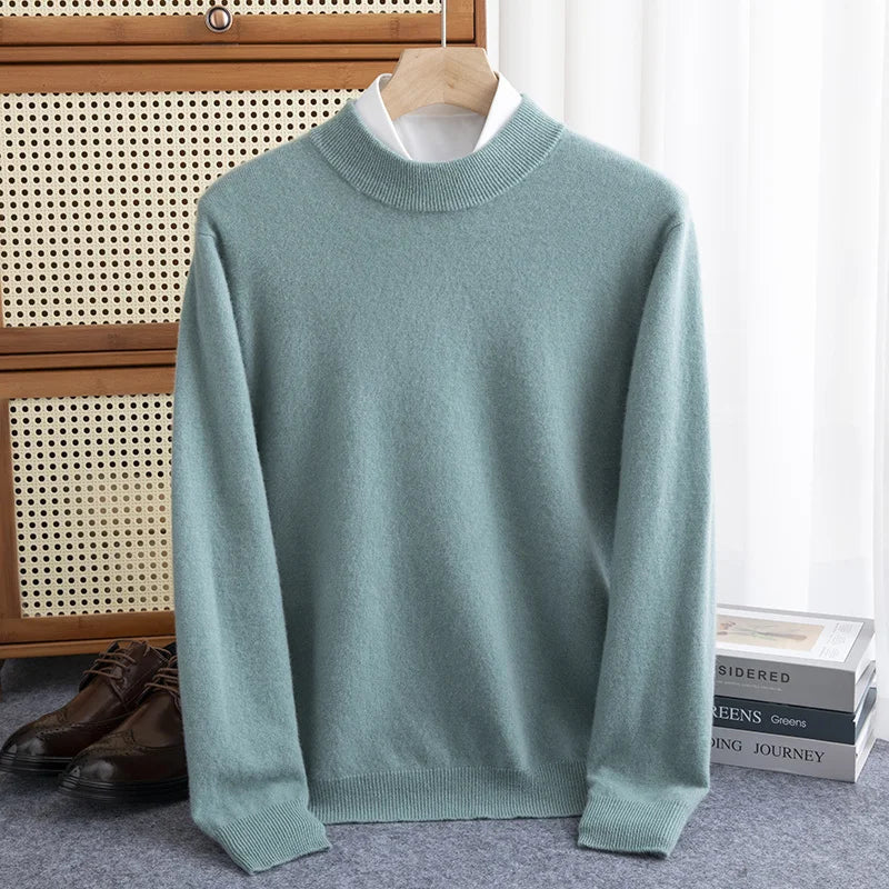 New Fashion Men's 100% Wool Pullover Half-high Collar Sweater Autumn Winter Warm Solid Color Knit Sweater Business Casual Top