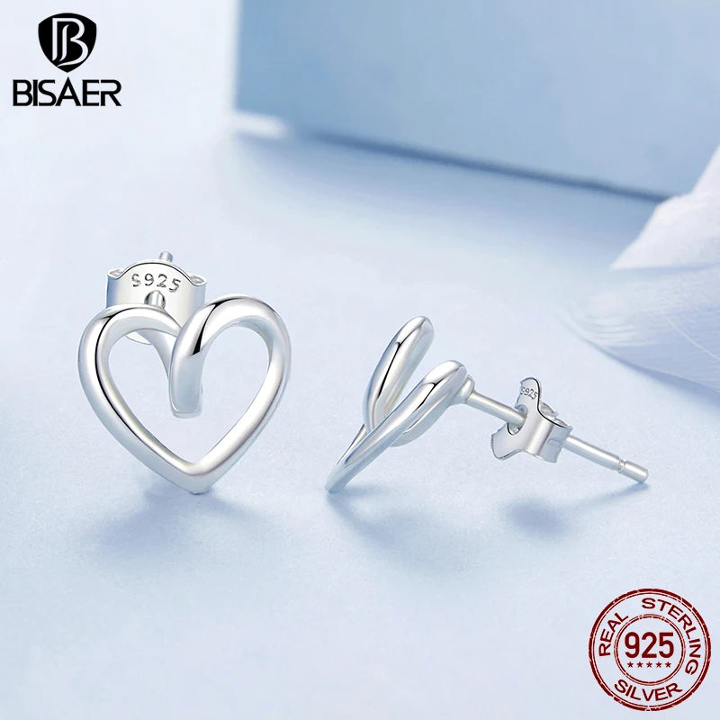 BISAER Real 925 Sterling Silver Minimalist Heart Stud Earrings Twsisted Hearts Stud Ear For Women Party Original Fine Jewelry