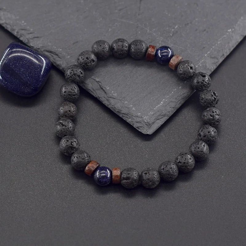 Natural Blue Sandstone Round Beads Bracelet Men Women Vintage Volcanic Stone Jewelry Relieve Anxiety Wristband Birthday Gift