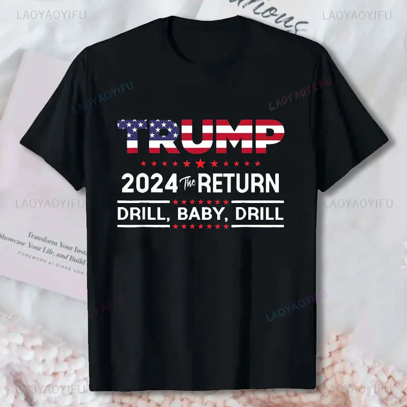 Trump 2024 Drill Baby Drill Bandera de Estados Unidos Republicano 4 de julio hombres camiseta