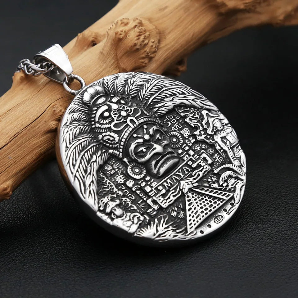 Vintage Mayan Pattern Pendant Necklaces For Men Women 316L Stainless Steel AZTEC CALENDAR Necklace Amulet Jewelry Dropshipping