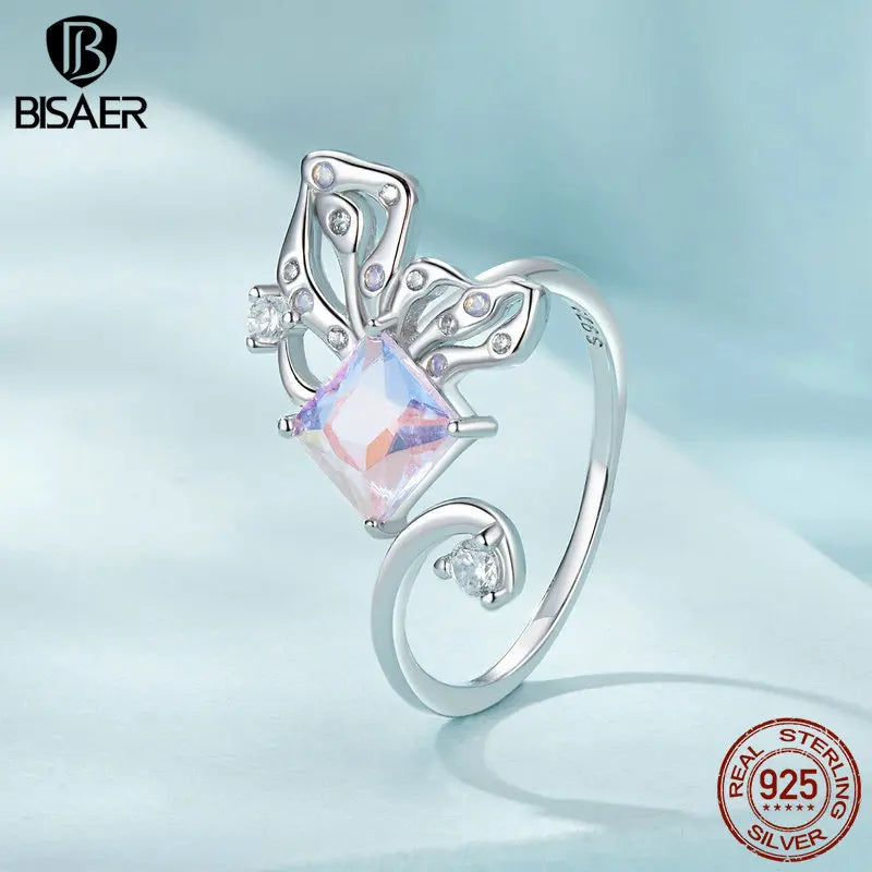 BISAER Bague ouverte en argent sterling 925 en forme de papillon - Taille réglable : 5 à 9 - Plaqué or blanc - Pour femme - Bijou de fête